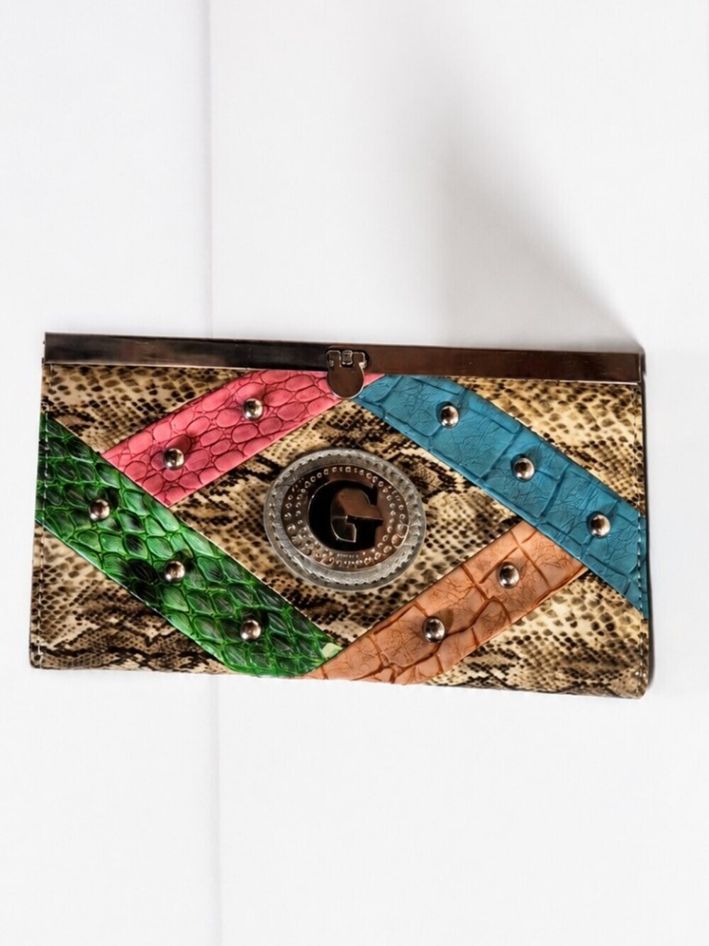 GUESS Snakeskin-Texture Clutch.